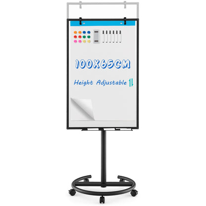 100 cm x 65 cm Height-Adjustable Magnetic Whiteboard on Wheels-Black &amp;amp; White