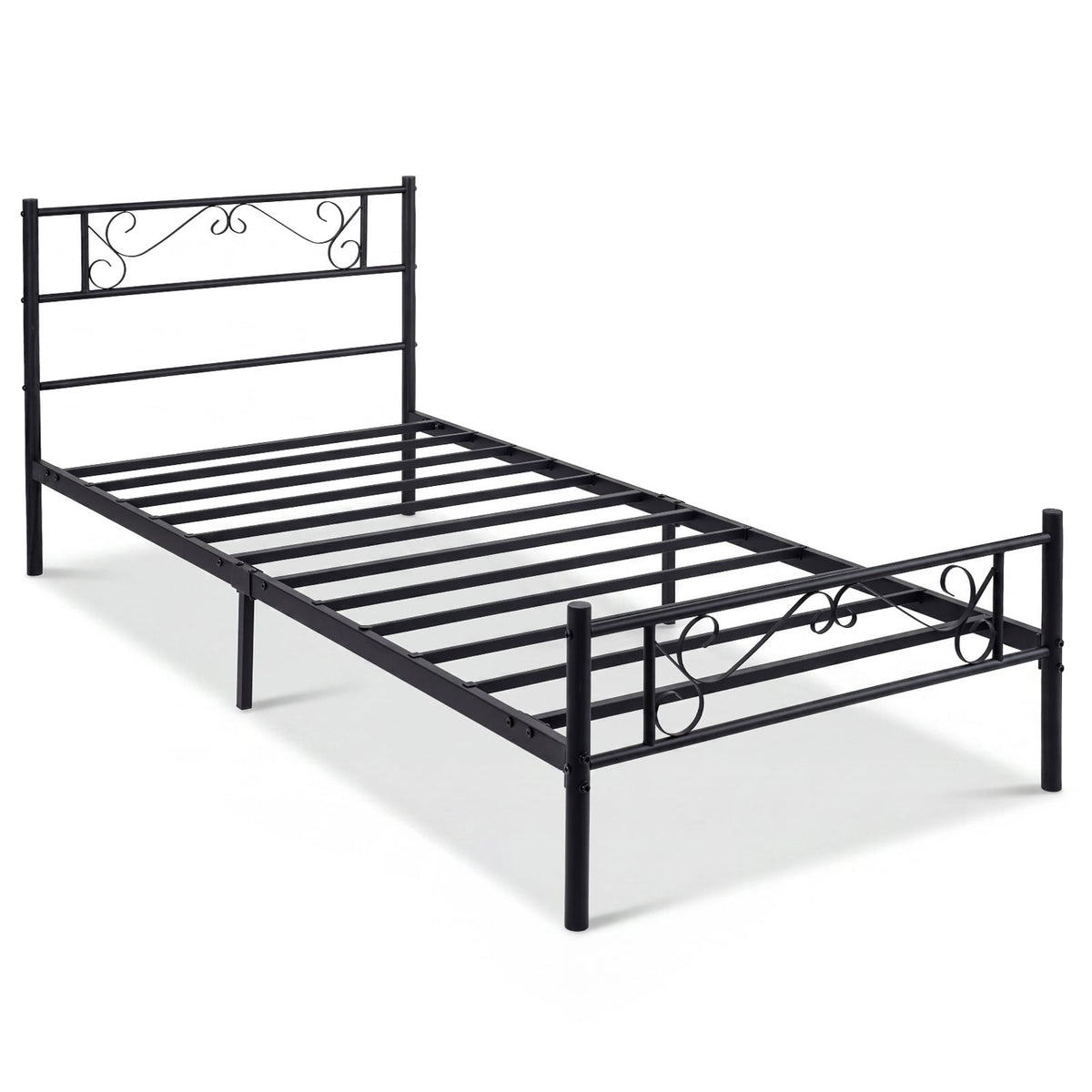 Modern Metal Bed Frame with Floral Headboard and Footboard-Black Single Size