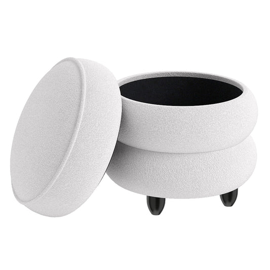 Modern Round Storage Ottoman with Removable Lid and Rubberwood Legs-White