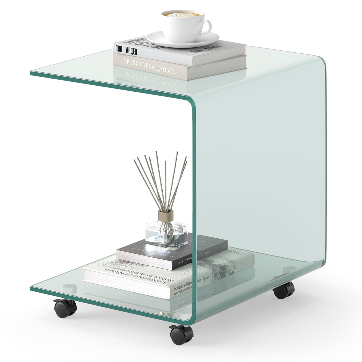 Modern Tempered Glass Side Table with 2-tier Shelf-Transparent