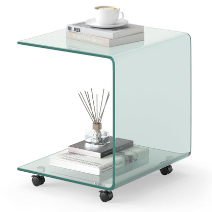 Modern Tempered Glass Side Table with 2-tier Shelf-Transparent