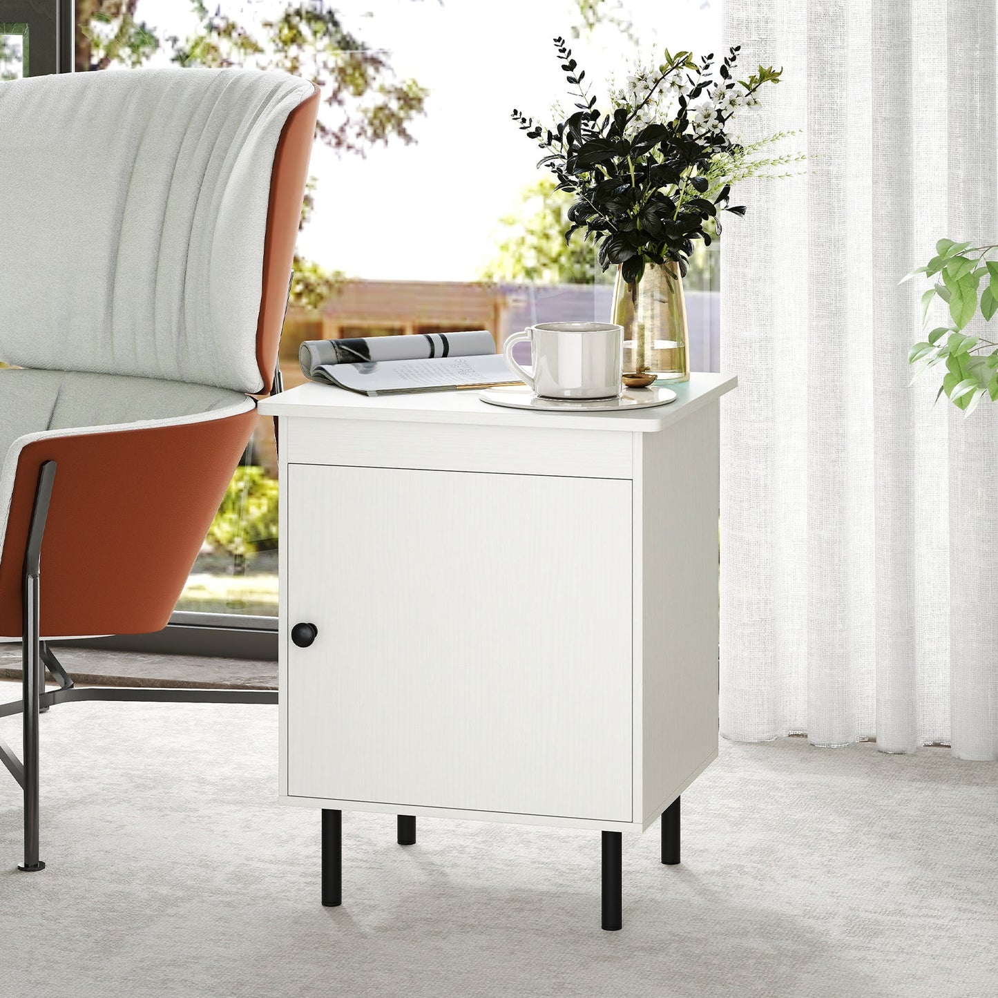 2-Tier Nightstand with Single Door Cabinet for Bedroom-White