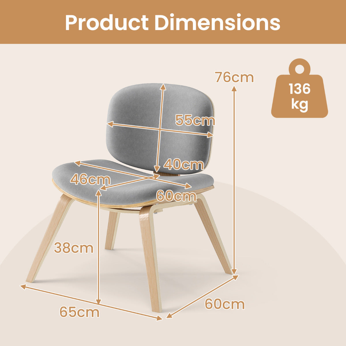 Modern Accent Chair with Curved Backrest and Padded Seat-Oak