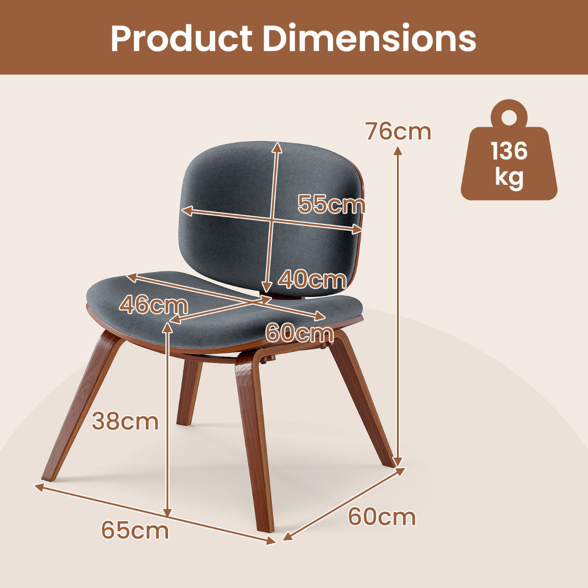Modern Accent Chair with Curved Backrest and Padded Seat-Walnut