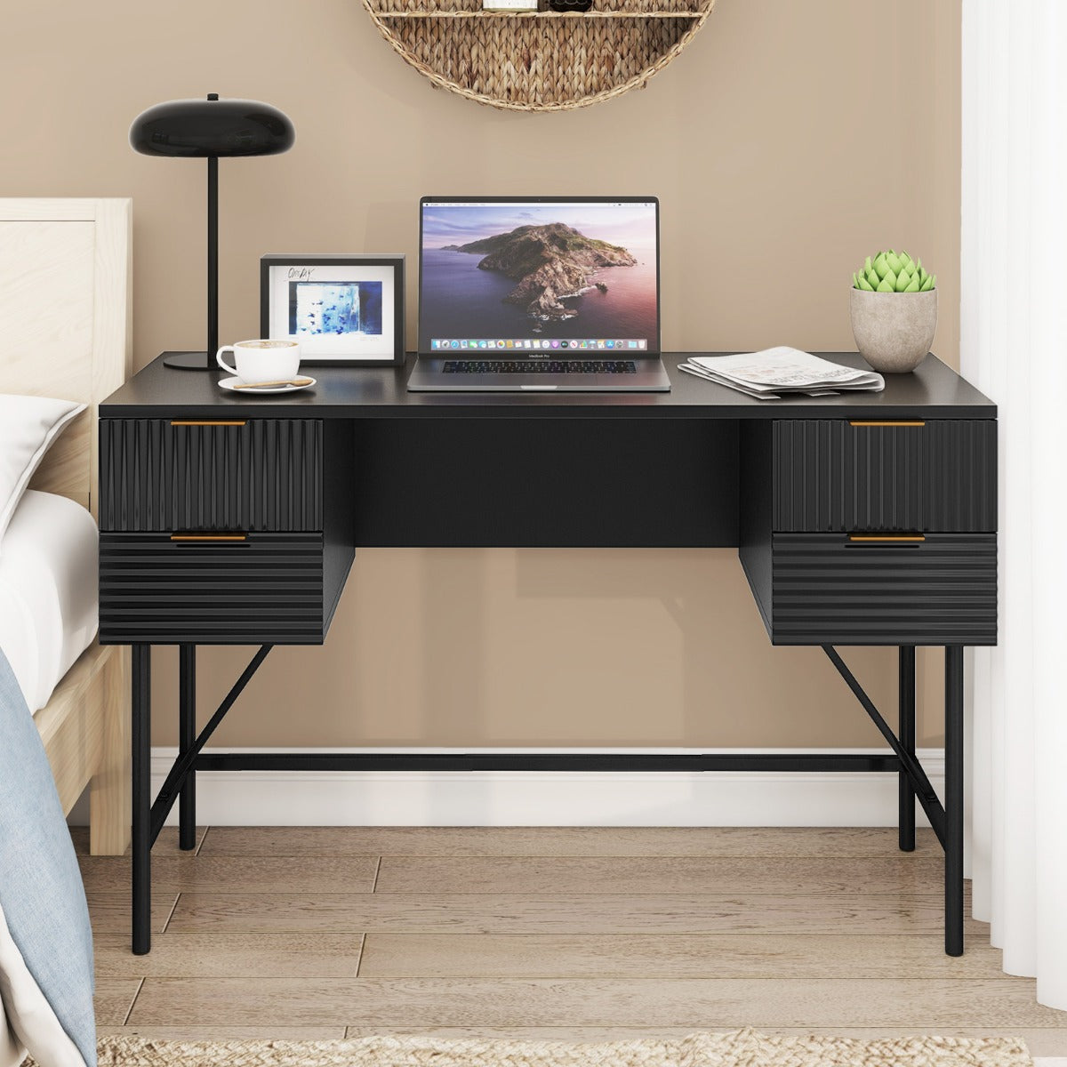Modern Computer Desk with 4 Drawers and Storage-Black