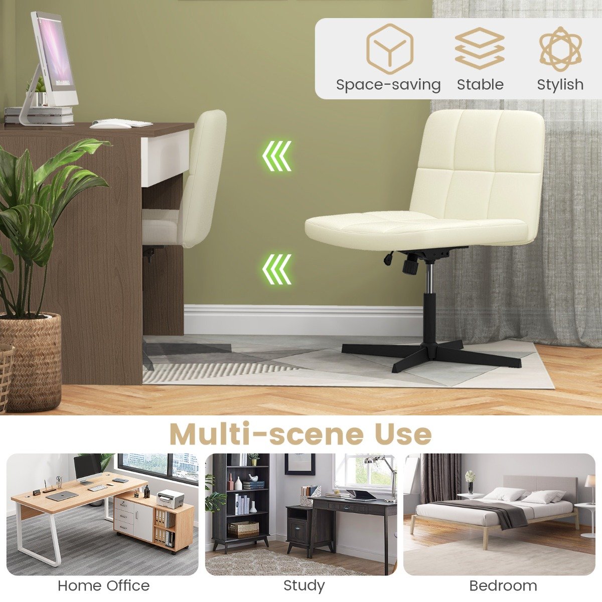 PU Leather Upholstered Armless Cross Legged Office Desk Chair No Wheels-Beige