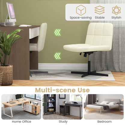 PU Leather Upholstered Armless Cross Legged Office Desk Chair No Wheels-Beige
