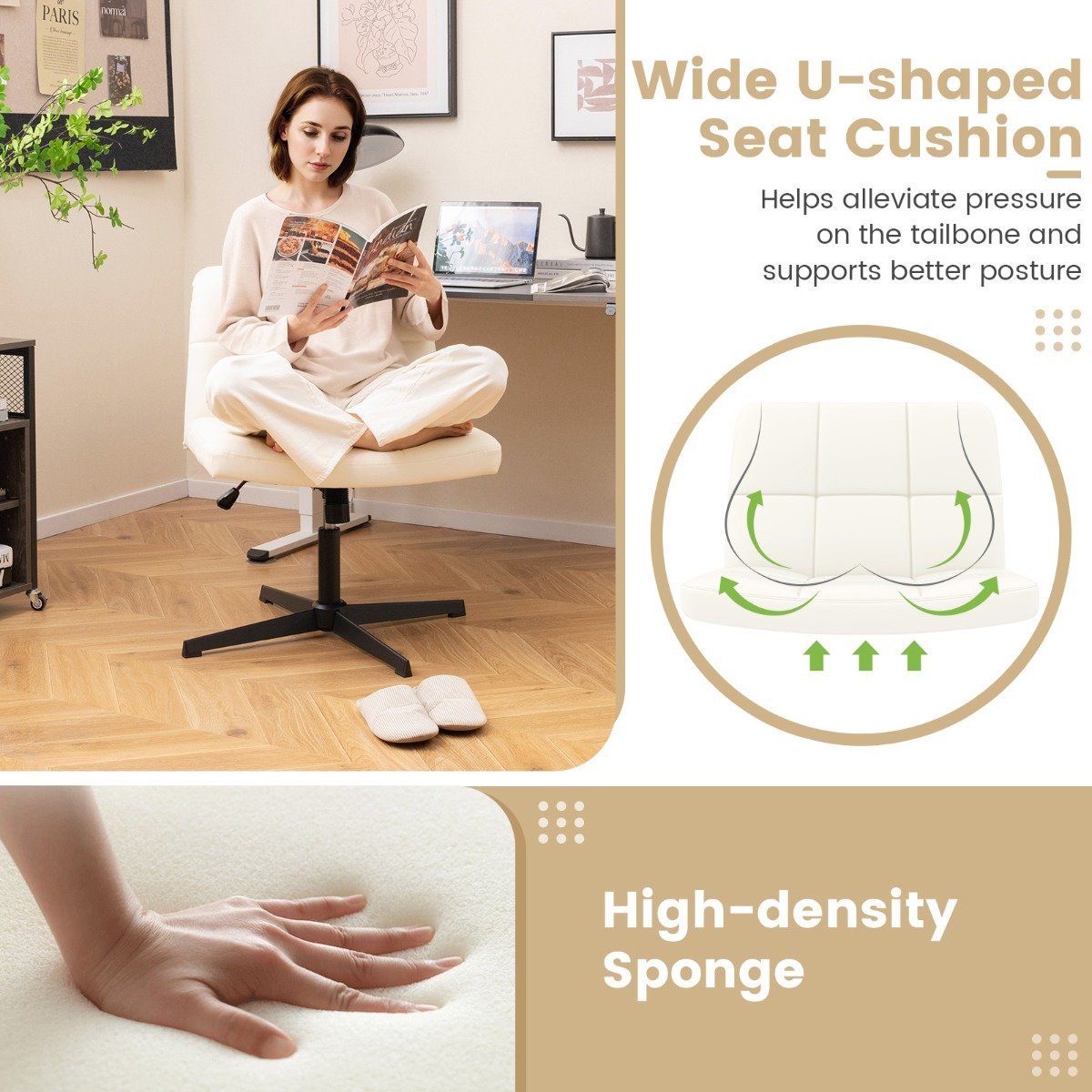 PU Leather Upholstered Armless Cross Legged Office Desk Chair No Wheels-Beige