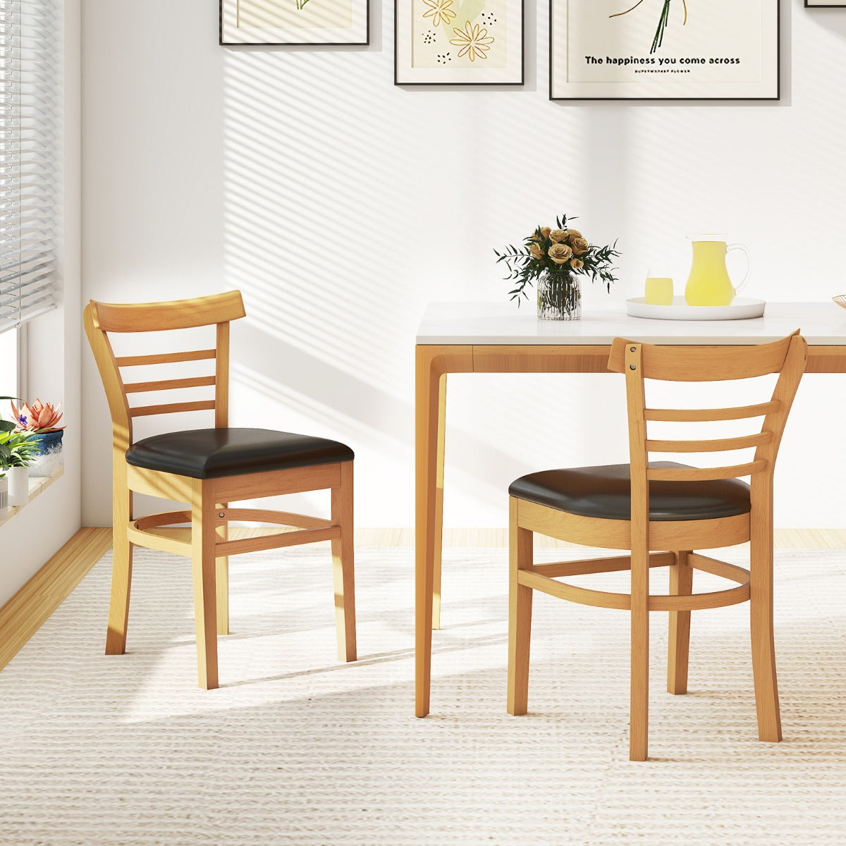 Modern Dining Chair Set of 2 with Rubber Wood Legs and Padded Seat-Brown