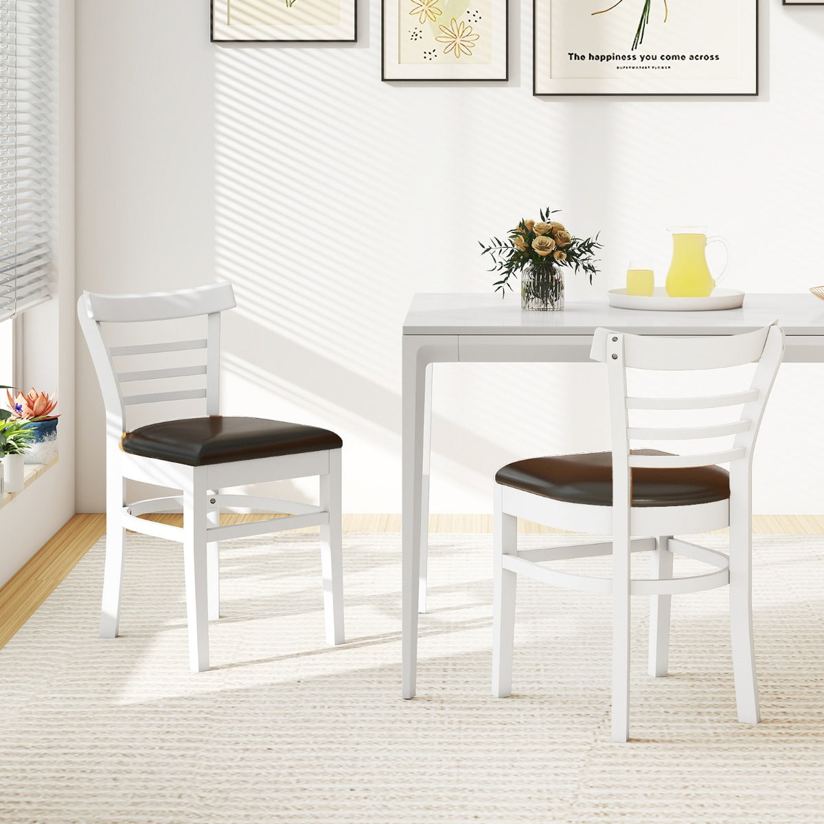 Modern Dining Chair Set of 2 with Rubber Wood Legs and Padded Seat-Black & White