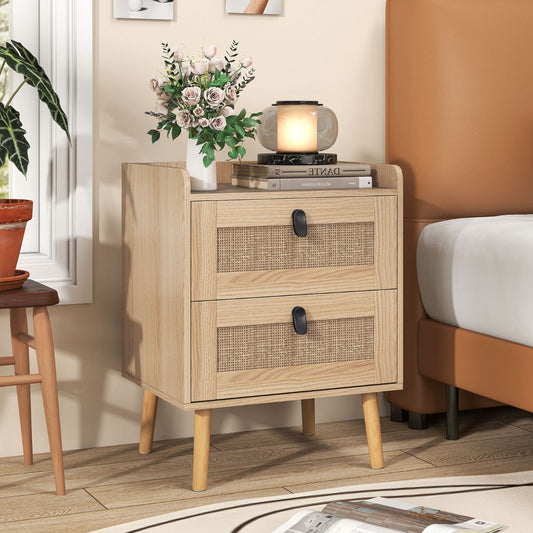 Modern End Table Bedside Table with 2 Rattan Decorated Drawers for Living Room-Natural
