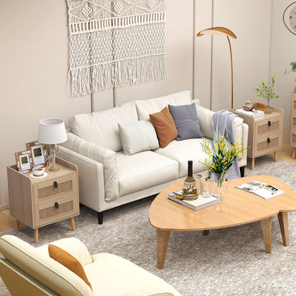 Modern End Table Bedside Table with 2 Rattan Decorated Drawers for Living Room-Natural