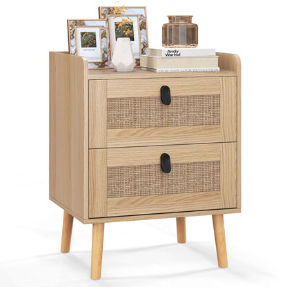 Modern End Table Bedside Table with 2 Rattan Decorated Drawers for Living Room-Natural