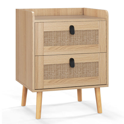 Modern End Table Bedside Table with 2 Rattan Decorated Drawers for Living Room-Natural