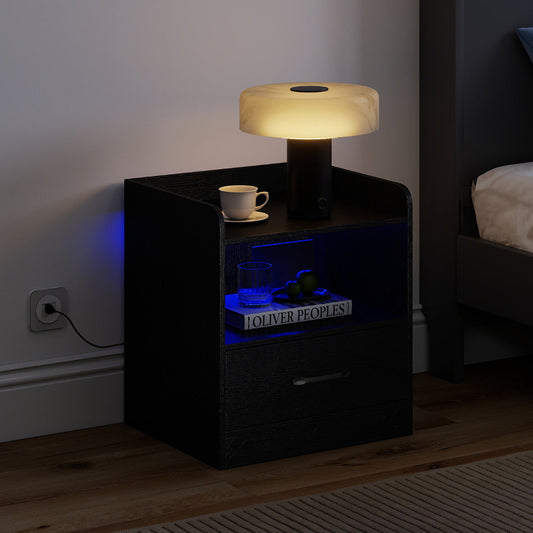 Modern Nightstand with Drawer and Open Shelf for Living Room and Bedroom-Black