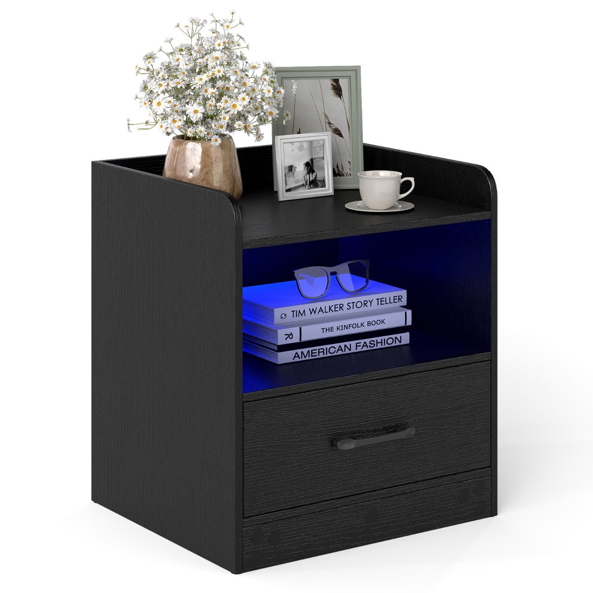 Modern Nightstand with Drawer and Open Shelf for Living Room and Bedroom-Black