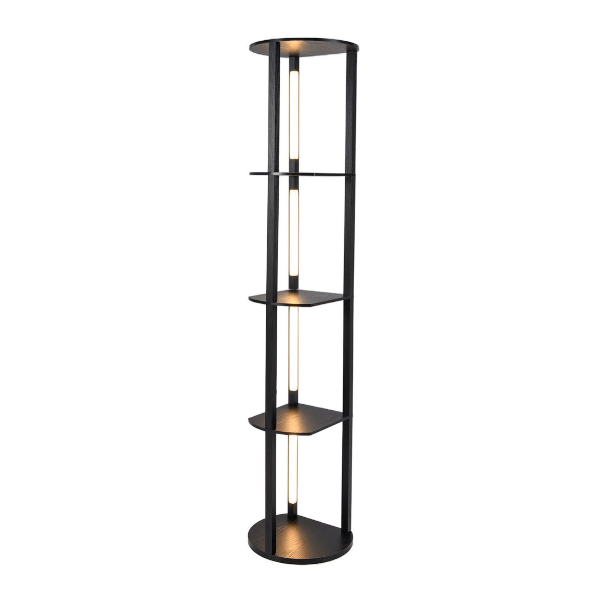Modern Shelf Floor Lamp Wood Freestanding Display Rack with 4 Rotatable LED Strips
