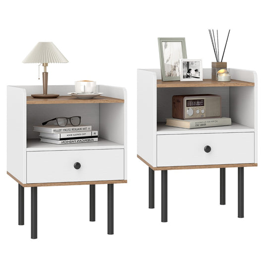 Modern Sofa Side Table with Drawer and Metal Legs for Small Spaces-White-2 Pieces