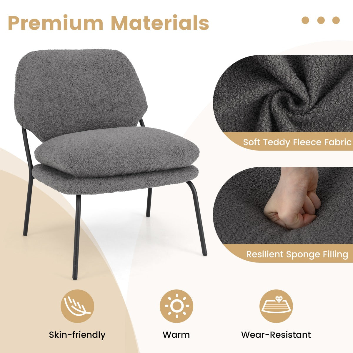 Armless Accent Chair Teddy Fleece Fabric Upholstered Leisure Chair-Grey