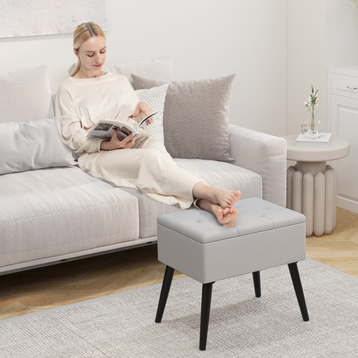 Modern Upholstered Flip Top Velvet Storage Ottoman Footrest-Grey