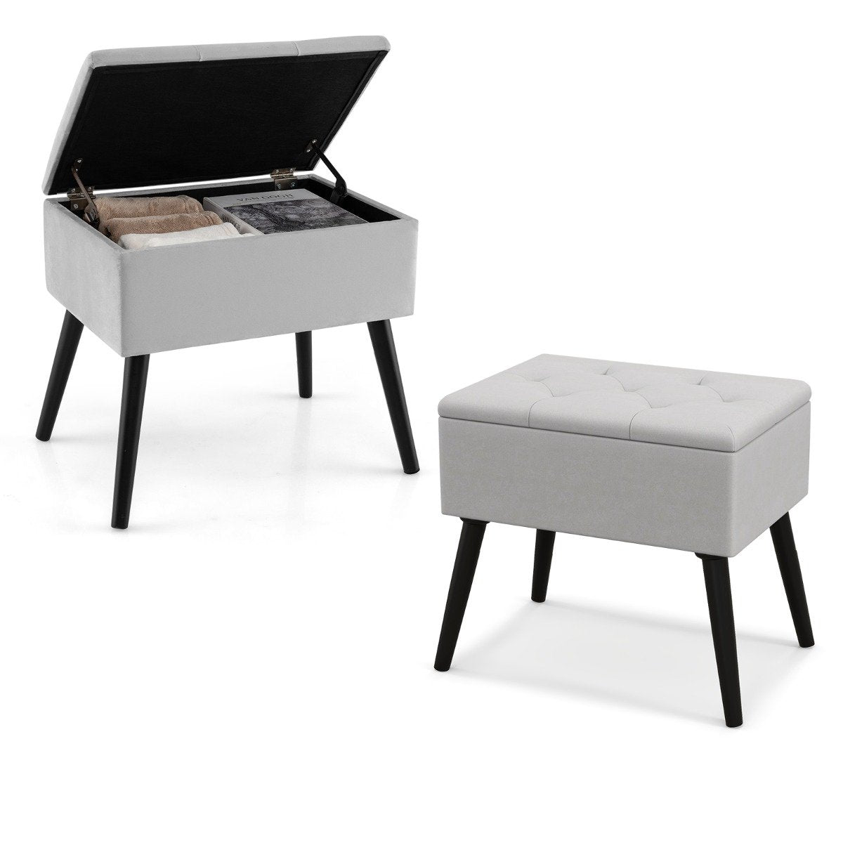 Modern Upholstered Flip Top Velvet Storage Ottoman Footrest-Grey