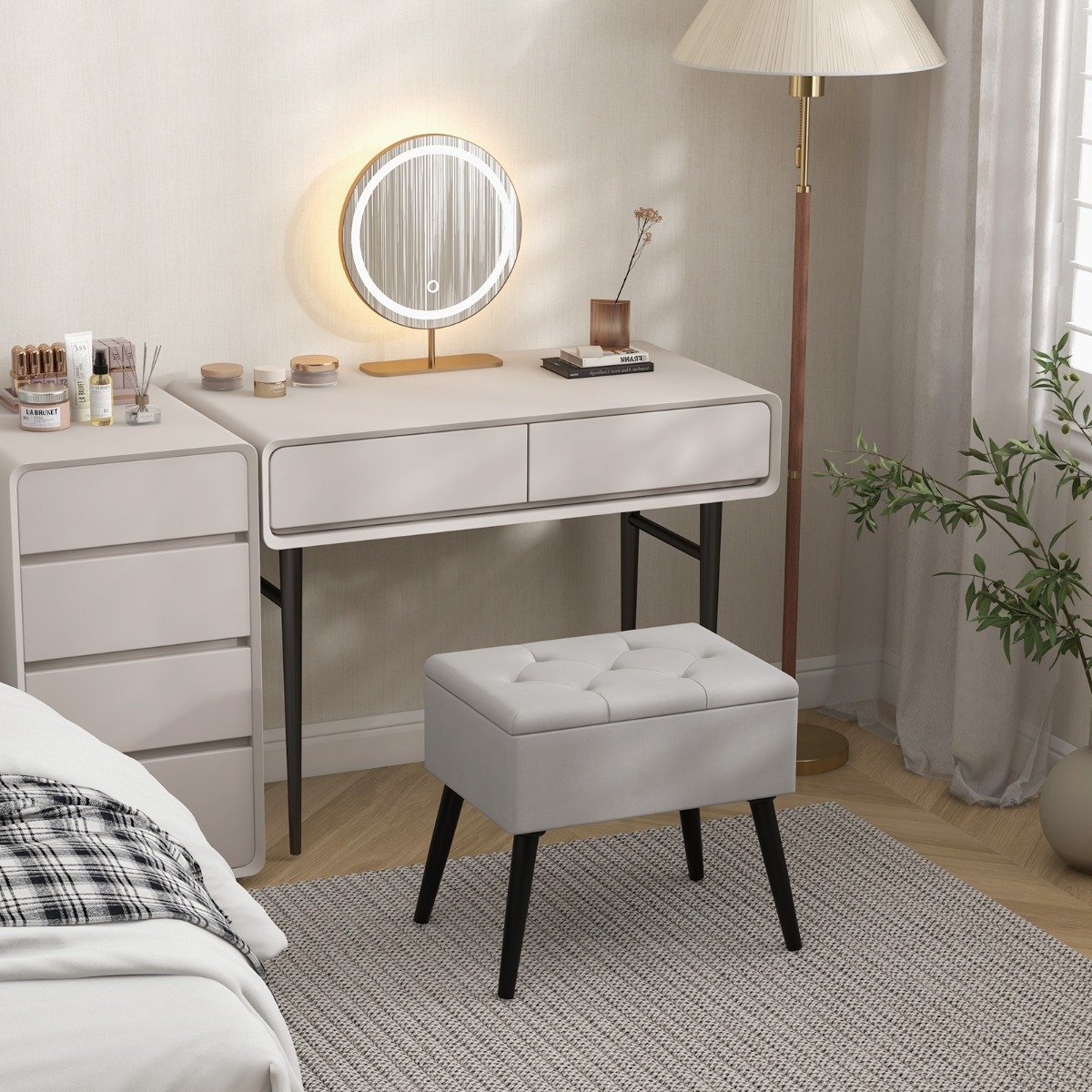 Modern Upholstered Flip Top Velvet Storage Ottoman Footrest-Grey