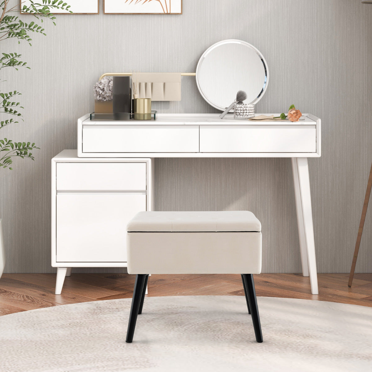 Modern Upholstered Flip Top Velvet Storage Ottoman Footrest-Beige