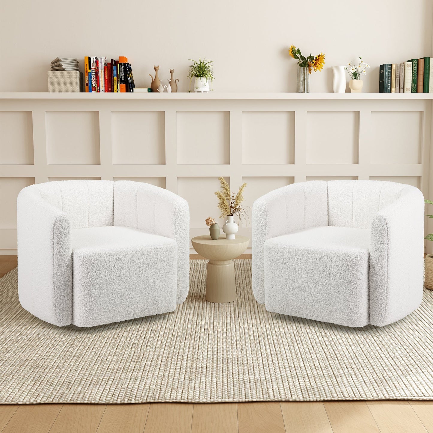 Upholstered Swivel Barrel Chair with Backrest and Armrests-White