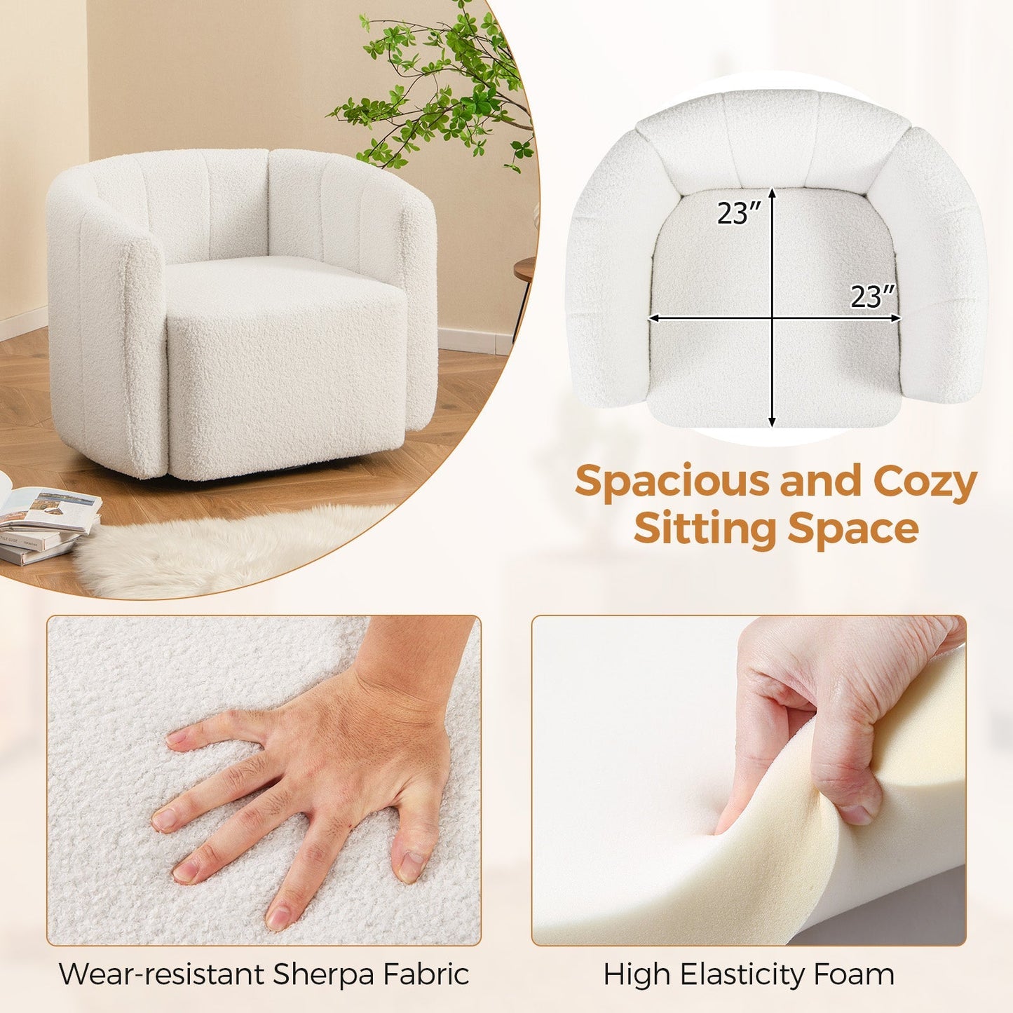 Upholstered Swivel Barrel Chair with Backrest and Armrests-White