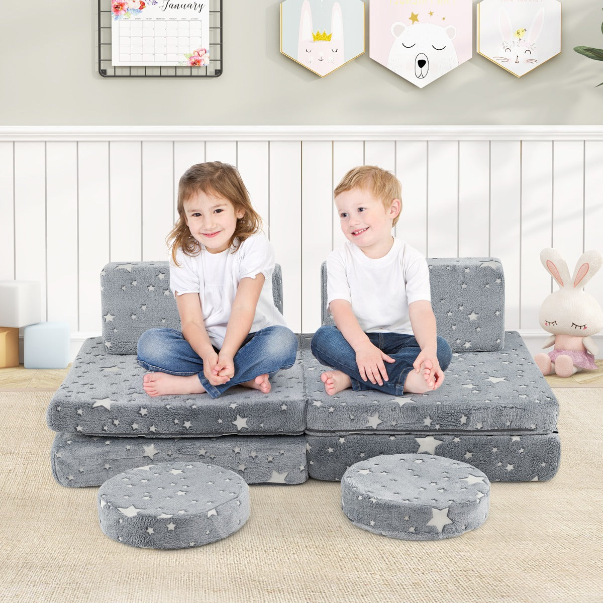 Modular Kids Play Couch Set with Machine-washable Flannel Covers-Grey