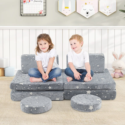 Modular Kids Play Couch Set with Machine-washable Flannel Covers-Grey