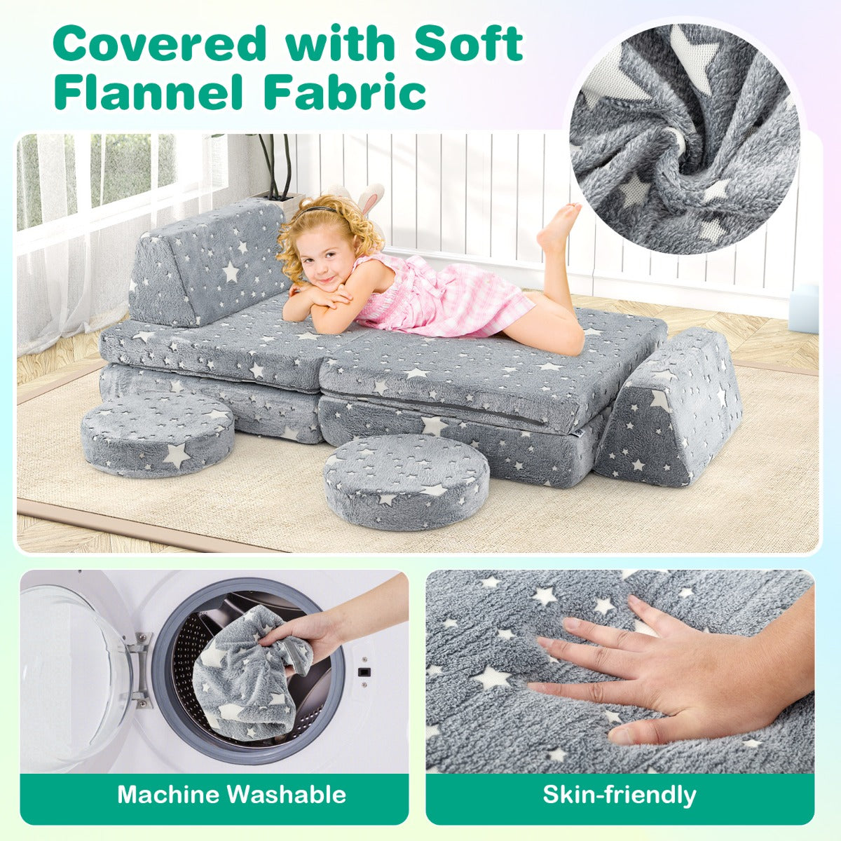 Modular Kids Play Couch Set with Machine-washable Flannel Covers-Grey