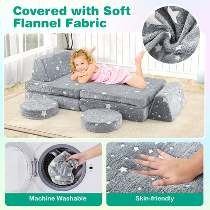 Modular Kids Play Couch Set with Machine-washable Flannel Covers-Grey