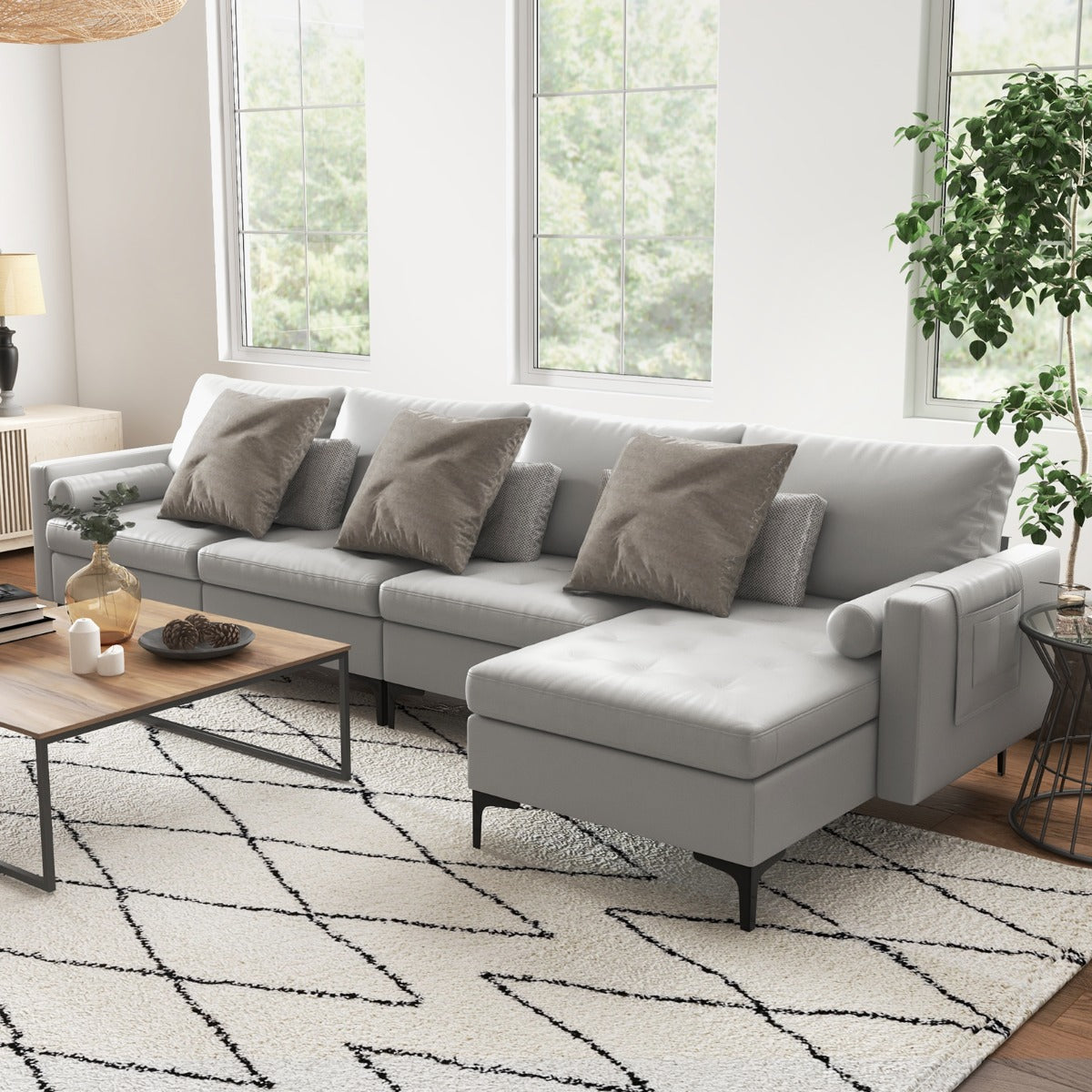 Modular Sectional Sofa Couch with 4 USB Ports and Hidden Storage Space-Grey