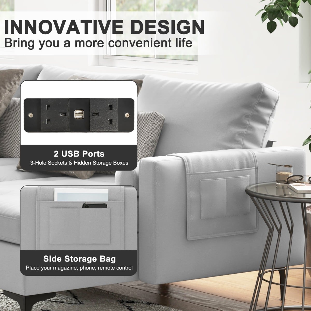 Modular Sectional Sofa Couch with 4 USB Ports and Hidden Storage Space-Grey