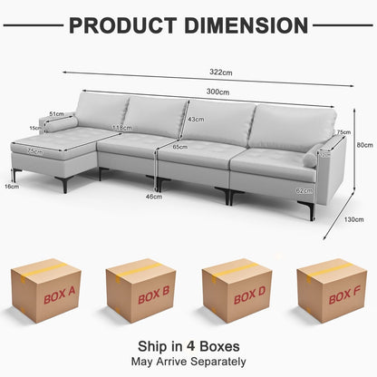 Modular Sectional Sofa Couch with 4 USB Ports and Hidden Storage Space-Grey