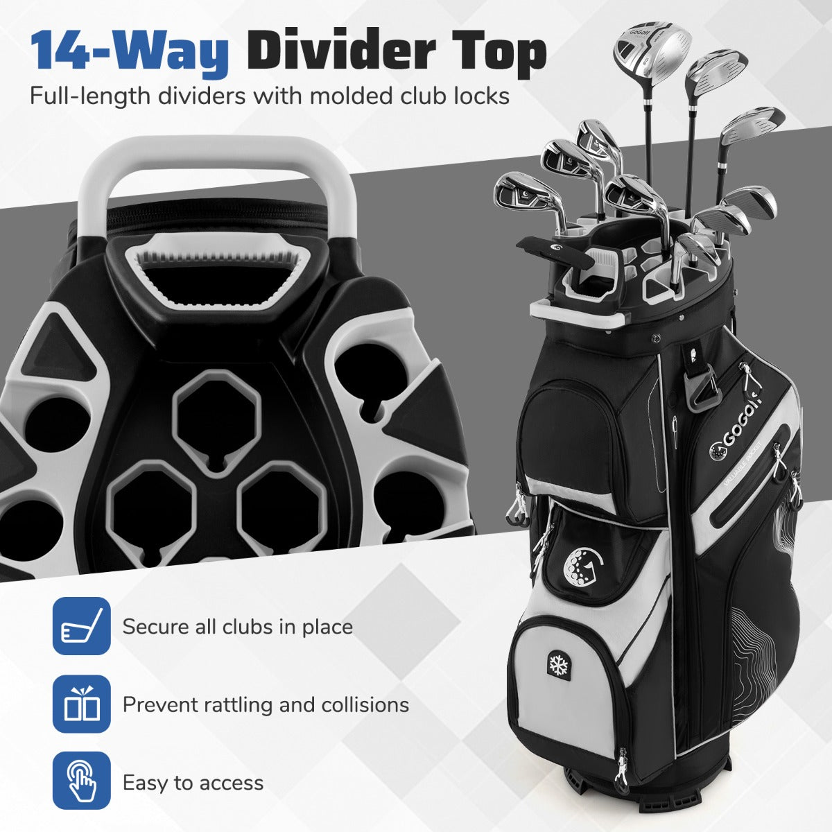 Golf Cart Bag Molded Lock Top Golf Bag with 14-Way Full Length Dividers-Black & Grey