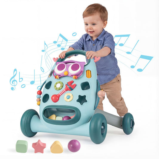 Montessori Baby Walker Toddler Educational Push Toy with Removable Oval Player and Shape Sorter-Blue