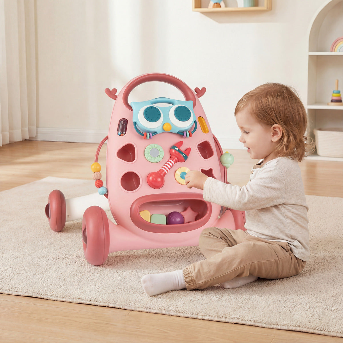 Montessori Baby Walker Toddler Educational Push Toy with Removable Oval Player and Shape Sorter-Pink