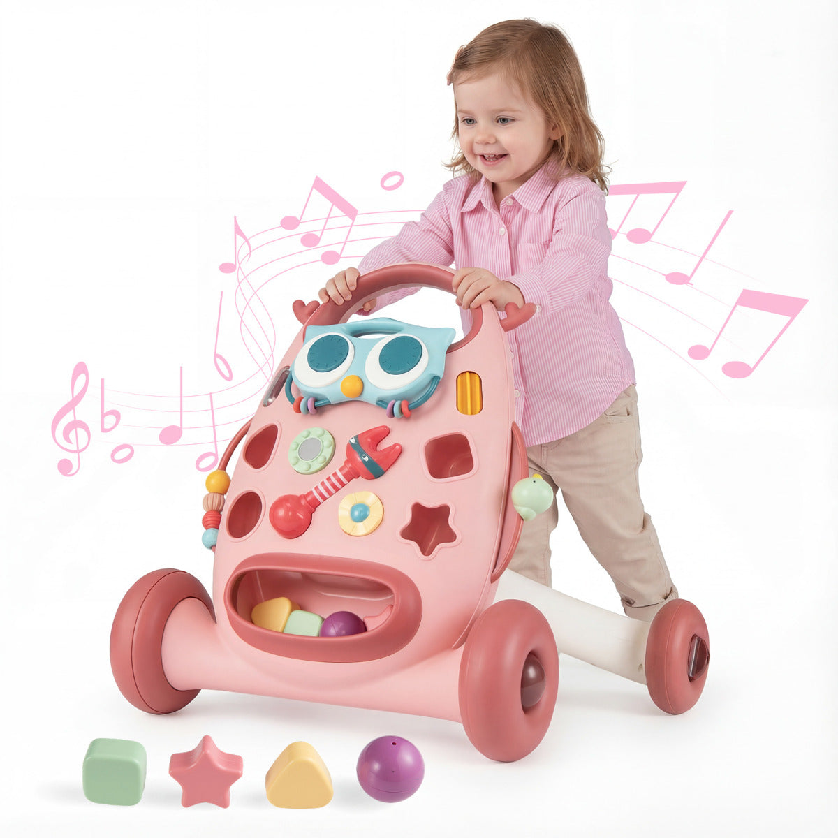 Montessori Baby Walker Toddler Educational Push Toy with Removable Oval Player and Shape Sorter-Pink