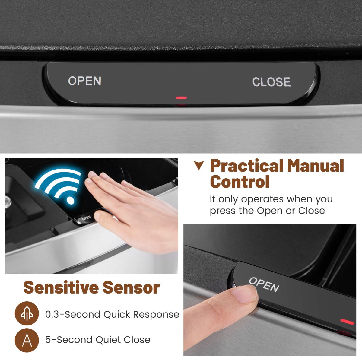 72L Stainless Steel Trash Can Motion Sensor Garbage Bin-Silver