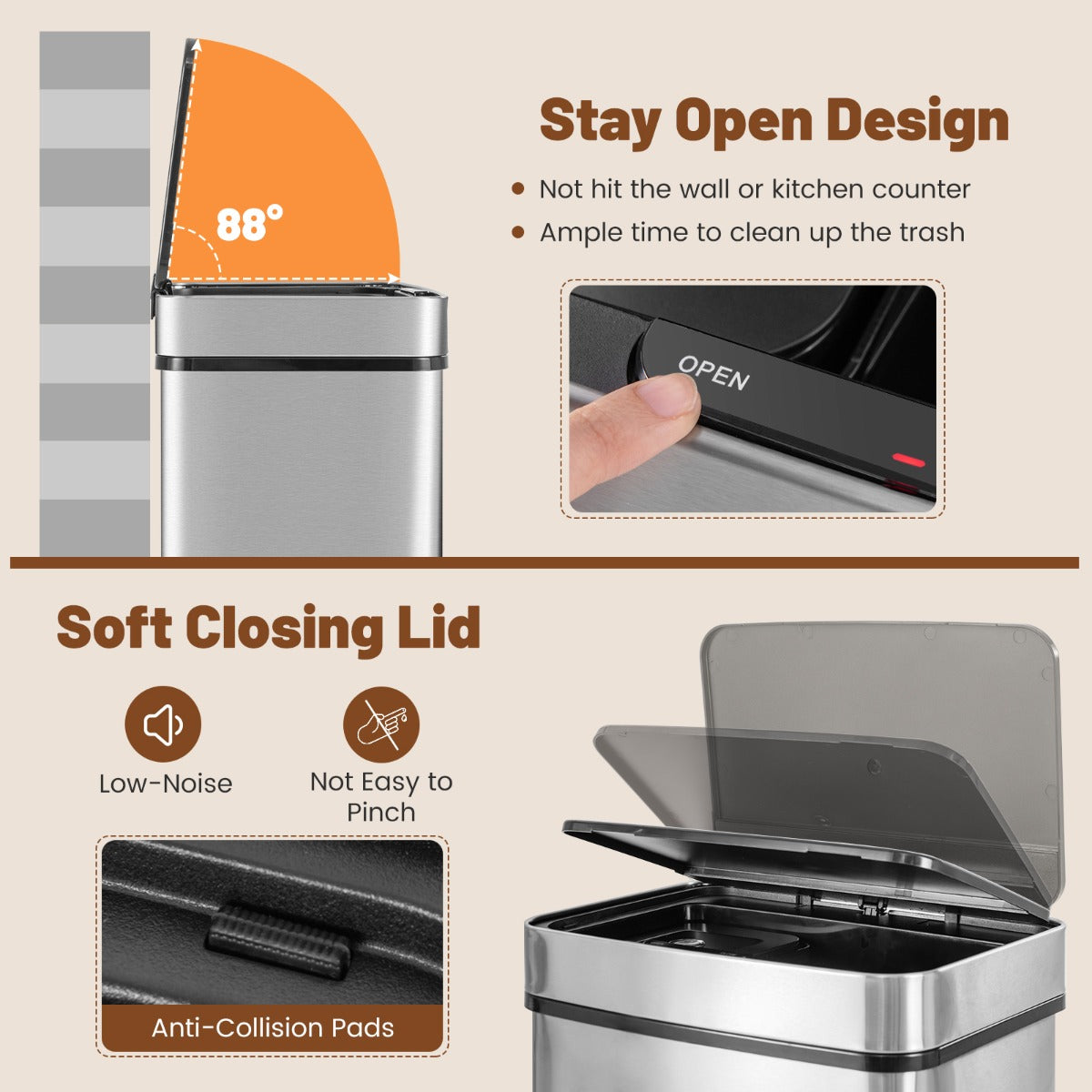 72L Stainless Steel Trash Can Motion Sensor Garbage Bin-Silver