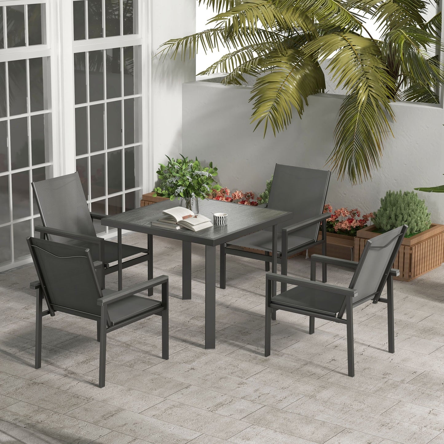 5 Piece Garden Set With Glass Top Dining Table, Outdoor Umbrella Hole And 4 Armchairs With Breathable Mesh Fabric Seats - Grey