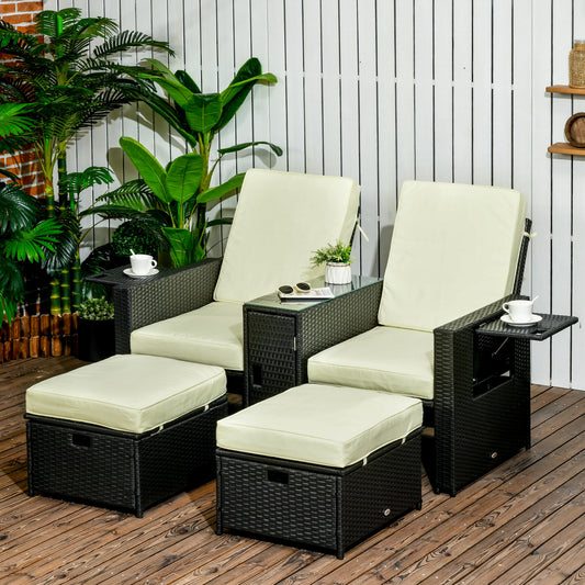 Outsunny 5PC PE Rattan Leżak, Zewnętrzna wiklina 5-poziomowa Regulowana Sofa Rozkładana z Bocznym Stolikiem i Podnóżkami, Na Patio, Do Ogrodu, Przy Basenie, Czarny