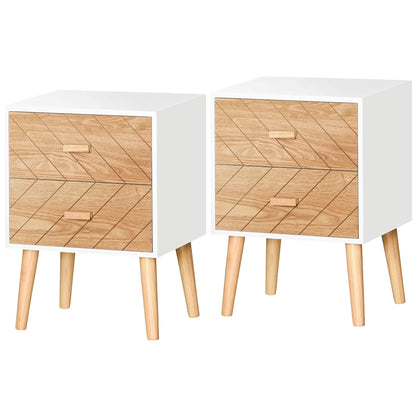 HOMCOM Bedside Table Set of 2, Modern Bedside Cabinets with Drawer and Pine Wood Legs, Nightstand for Bedroom, White and Natural