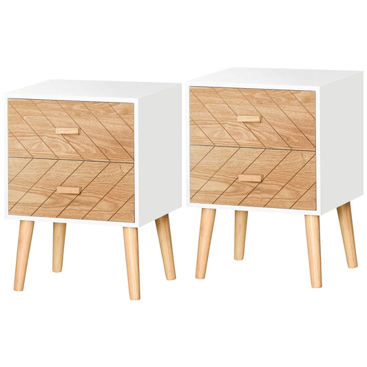 HOMCOM Bedside Table Set of 2, Modern Bedside Cabinets with Drawer and Pine Wood Legs, Nightstand for Bedroom, White and Natural