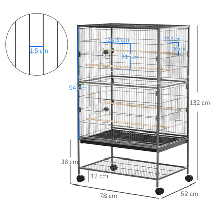 PawHut Large Bird Cage Budgie Cage for Finch Canaries Parakeet with Rolling Stand, Slide-out Tray, Storage Shelf, Food Containers, Dark Grey