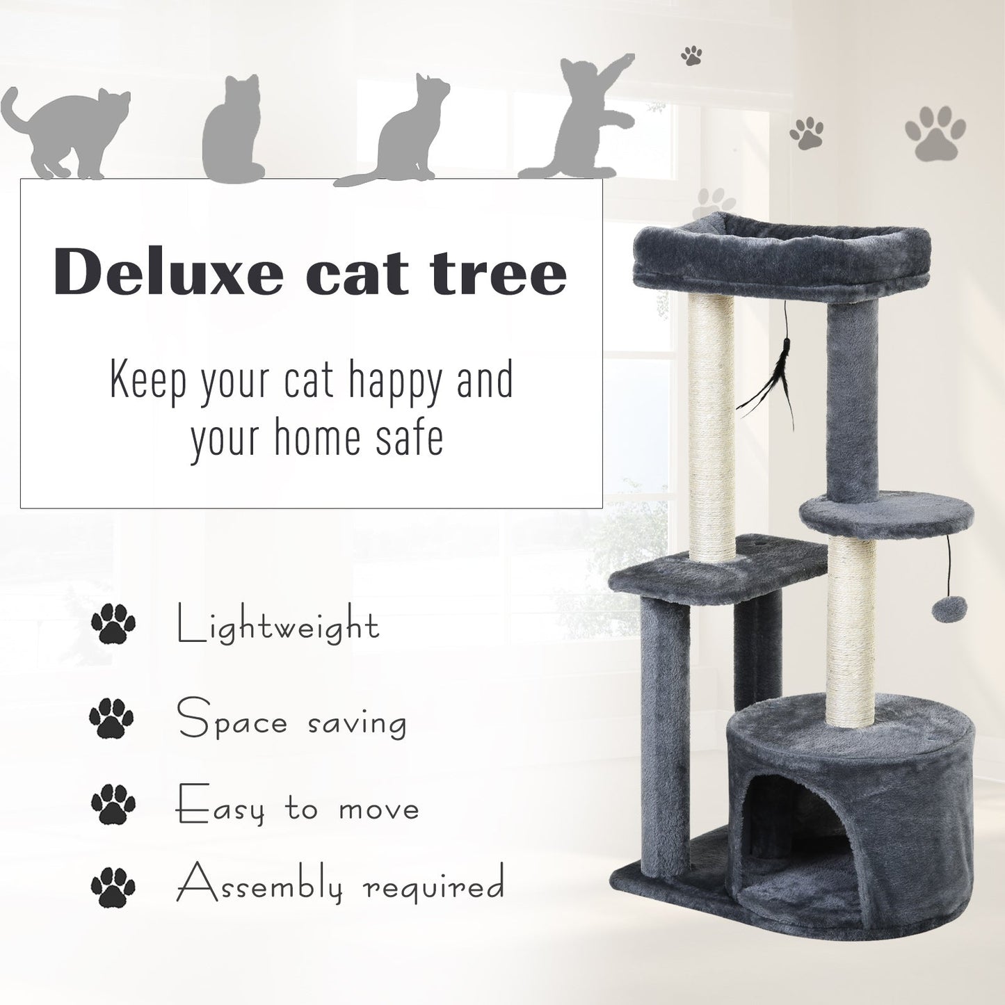 PawHut Cat Multi-Activity Tree Tower w/ Perch House Scratching Post Platform Play Ball Plush Covering Play Rest Relax Grey White