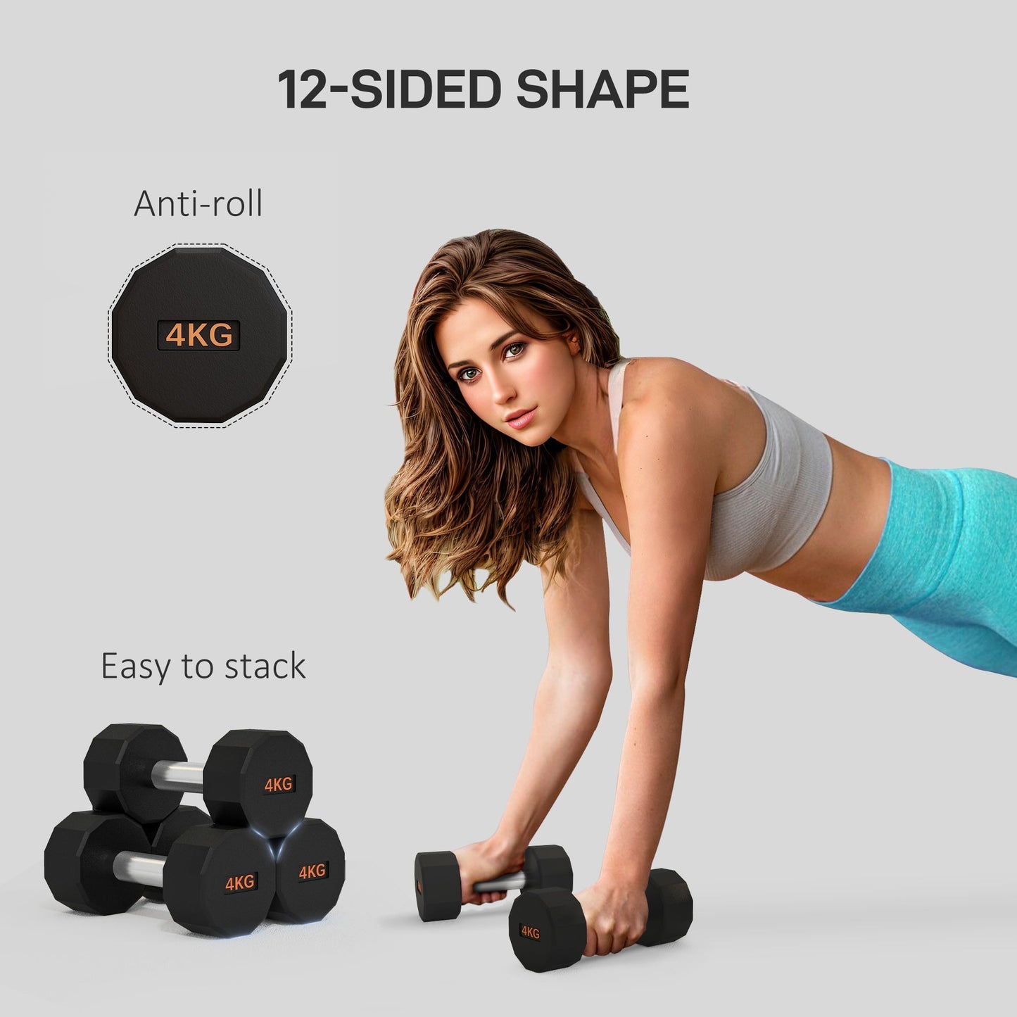 SPORTNOW Dumbbells Weights Set with 12-Sided Shape and Non-Slip Grip for Men Women Home Gym Workout, 2 x 4kg