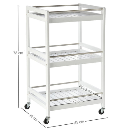 3-Tier Home Trolley Kitchen Storage w/ Steel Bars 4 Wheels Rolling Unit Organiser Living Room White